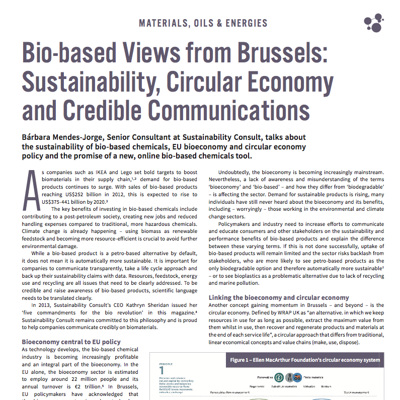 Bárbara Mendes Jorge 'Bio based Views from Brussels: Sustainability, Circular Economy and Credible Communications' in Speciality Chemicals Magazine August 2017