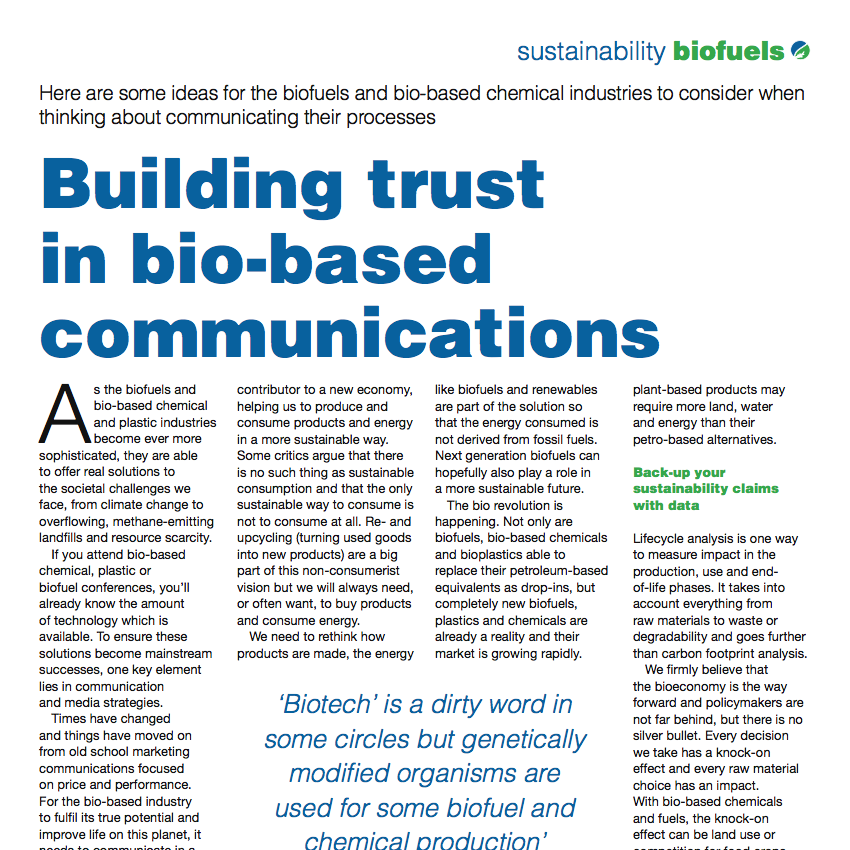 Kathryn Sheridan 'Building Trust in Bio-based Communications’ in Biofuels International July/August 2013